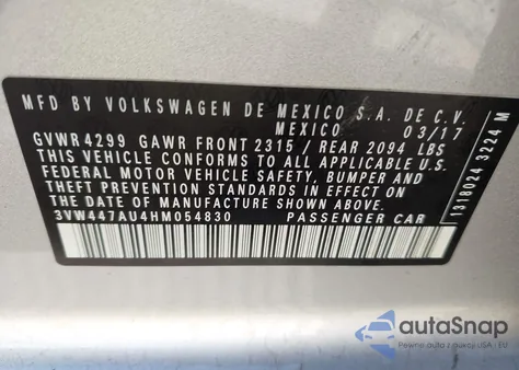 2017 Volkswagen Gti Autobahn 4-Door/S 4-Door/Se 4-Door/Sport 4-Door from USA, damaged, VIN 3VW447AU4HM054830